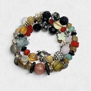 Multi Strand Dangle Charms Coil Bracelet Memory Wire Beaded Wrap Boho Artisan